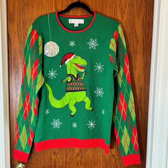 Jolly Sweaters Ugly Christmas Sweater Disco Dancing Dinosaur Men's Size Medium - Picture 2 of 10